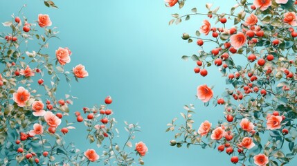 Delicate blossoms and vibrant berries on a tranquil backdrop creating serene botanical art