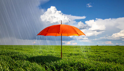 Orange Umbrella in Rain on Green Field