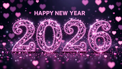 Pink 2026 numbers with hearts and sparkles Happy New Year image