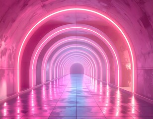 Illuminated tunnel with neon pink arches, glossy floor, and perspective