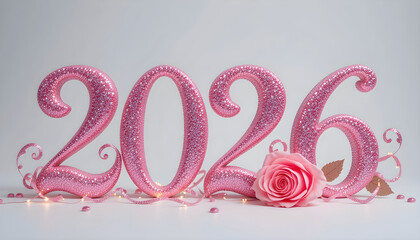 Pink glitter 2026 numbers with rose and fairy lights sparkle