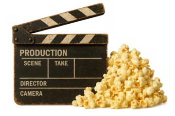 Film production clapperboard alongside fresh popcorn, symbolizing filmmaking, cinema, and home movie night entertainment