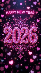 Pink hearts and ornate 2026 text glowing on dark background shirt