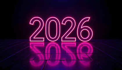 Pink neon 2026 numbers glowing on dark reflective floor image