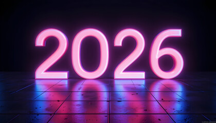 Pink neon 2026 numbers glowing on reflective dark tiled floor shirt text