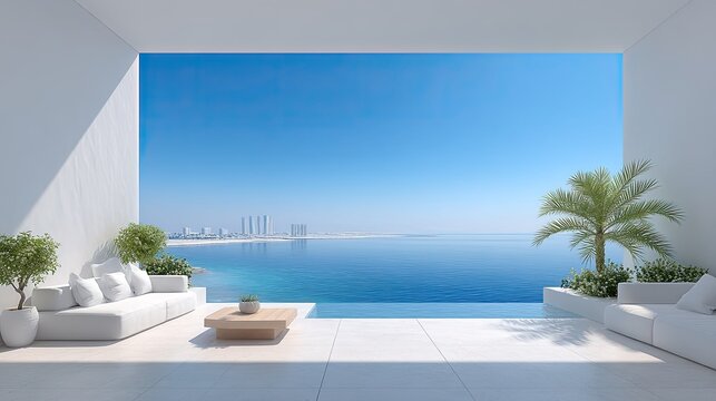 Modern White Terrace with Panoramic Ocean View Infinity Pool and Lush Green Plants Overlooking City Skyline under Clear Blue Sky