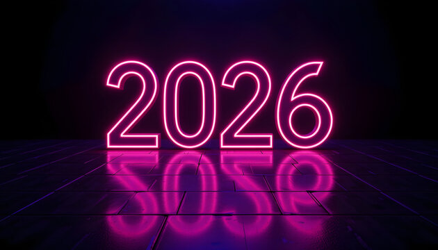 Pink neon 2026 numbers glowing on dark reflective floor image