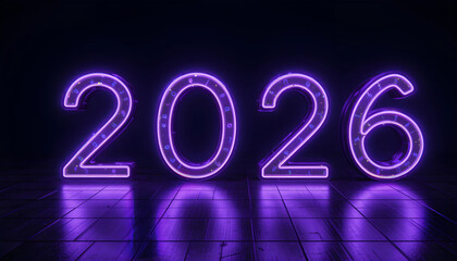 Purple neon numbers 2026 glowing on dark wooden floor image