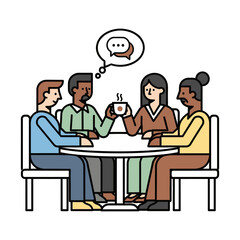 Fototapeta premium Illustration of four people sitting around a table, sharing a conversation and a cup of coffee.