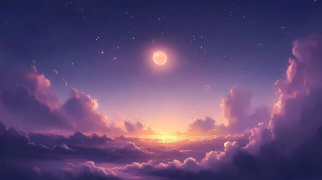 Stunning twilight sky with glowing moon and vibrant clouds creates a serene and magical atmosphere perfect for dreams and peaceful journeys