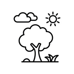 A stylized line drawing shows a tree under a cloud and sun