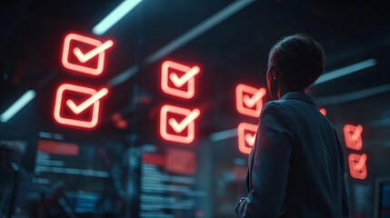 A focused Black woman in business attire stands before glowing check marks, symbolizing achievement and innovation.