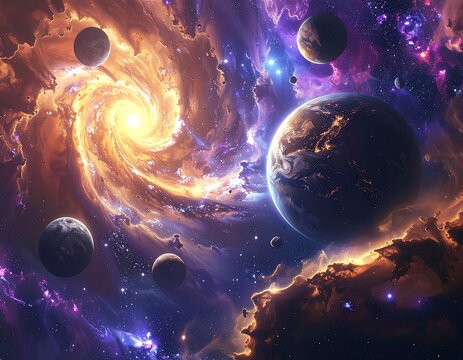 A vibrant cosmic scene featuring planets against a nebula backdrop