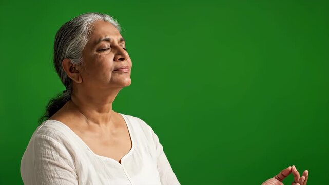 Elderly woman meditating with eyes closed on a green screen