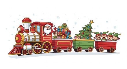 Santa Claus driving Christmas train with gifts and elves – festive illustration