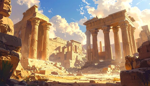 Ancient ruins bathed in warm sunlight, with towering pillars - Powered by Adobe