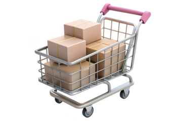 Shopping cart full of cardboard boxes delivery purchase retail store supermarket trolley sale commerce isolated on transparent background