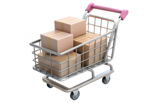 Shopping cart full of cardboard boxes delivery purchase retail store supermarket trolley sale commerce isolated on transparent background