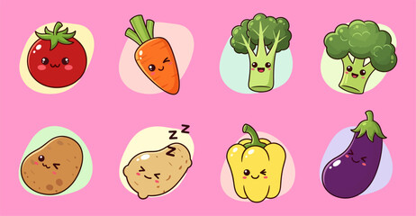 Cute cartoon vegetables: tomato, carrot, broccoli, potato, pepper, eggplant on pink background.
