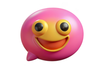 Cute pink blob emoji with big eyes and a happy smile, cartoon character, 3d render, mascot, isolated on transparent background