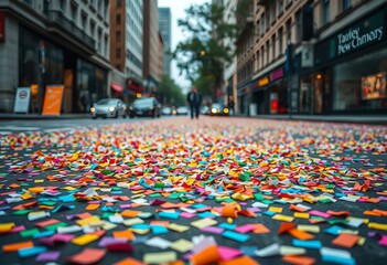 Bits of colorful confetti scattered across a city street, some clustered, others dispersed, close-up, scattered