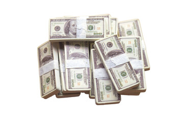 Wealth in Disarray: A large, disorganized pile of bundled US one-hundred-dollar bills, isolated on a white background, symbolizing vast wealth, profit, or a financial windfall.