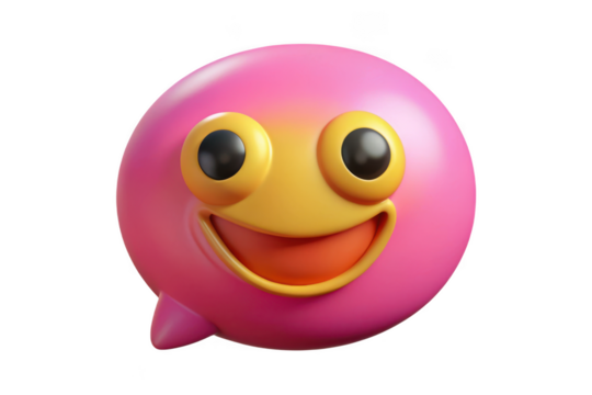 Cute pink blob emoji with big eyes and a happy smile, cartoon character, 3d render, mascot, isolated on transparent background