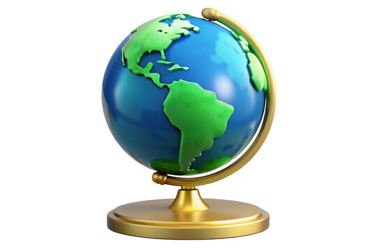 Detailed earth globe model with stand, world geography, continents, oceans, and countries illustration, isolated on transparent background