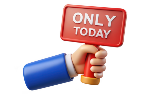 3d render of hand holding red sign with only today text, sale promotion, discount offer, advertising isolated on transparent background - Powered by Adobe
