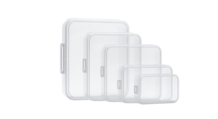 Set of five clear plastic food storage containers graphic isolated on a transparent background