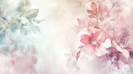 Soft pastel watercolor background with delicate floral and leaf patterns, elegant botanical design for invitations, cards, and creative projects