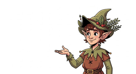 Friendly forest elf character pointing with open hand illustration