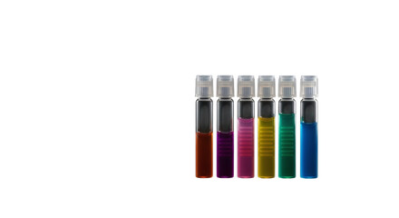 Six small glass vials with colorful liquids test tubes isolated on a transparent background