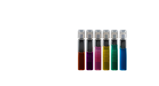 Six small glass vials with colorful liquids test tubes isolated on a transparent background