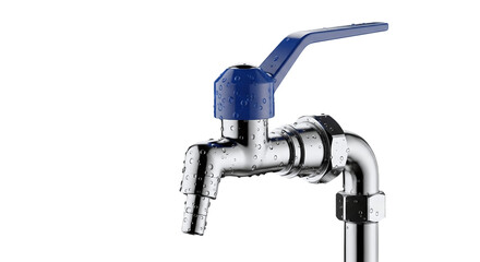 Water Faucet with Blue Handle and Water Droplets plumbing isolated on a transparent background