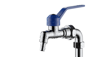 Water Faucet with Blue Handle and Water Droplets plumbing isolated on a transparent background