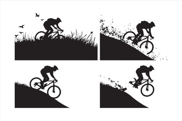 Mountain Biker Silhouette Set - Downhill Extreme Sport Action Vector Graphic