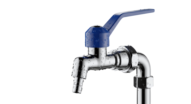 Water Faucet with Blue Handle and Water Droplets plumbing isolated on a transparent background