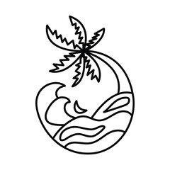 Black and white line art of a palm tree wave and sand dune inside a circle