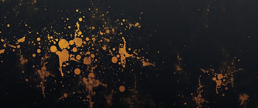Textured black backdrop with gold splatter, distressed effect, stroke, abstract