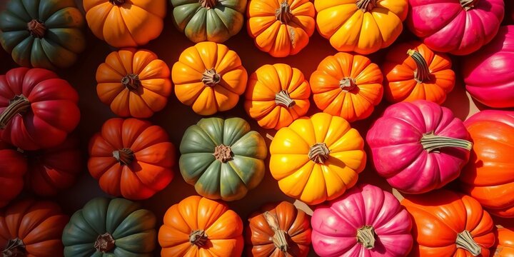 Vibrant multicolored pumpkins arranged in a repeating pattern, casting playful shadows,  vegetable,  pumpkin patch - Powered by Adobe