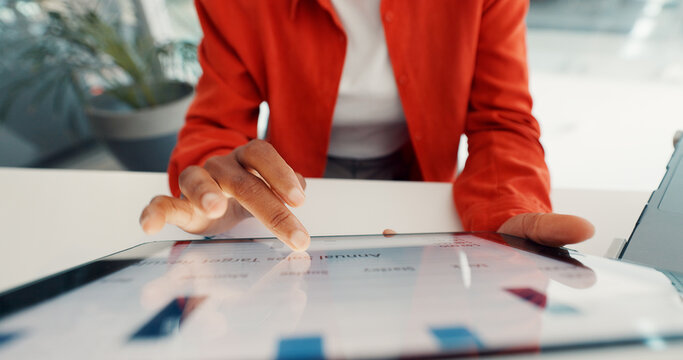 Hands, tablet and business person with graph for online website, investment research and budget. Professional, corporate and worker on digital tech for statistics, company growth and financial report