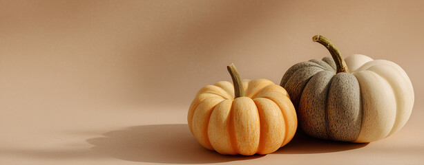 Isolated pumpkin on beige background for Halloween or thanksgiving day , Soft color scheme image suitable for advertising autumn goods, fairs and events.