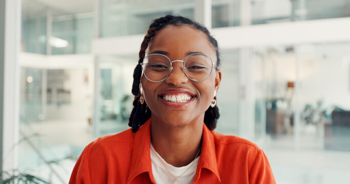 Portrait, business woman and happy in office for journalism, creative internship and about us. Intern journalist, black person and excited in newsroom for news reporting, career development and pride