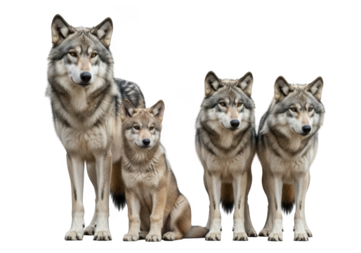 Pack of wolves family portrait png image, wild animals, canine predators, gray wolves, wolf cub, wildlife photography, isolated on transparent background - Powered by Adobe