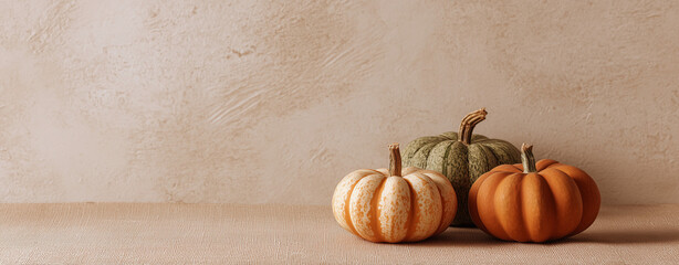 Isolated pumpkin on beige background for Halloween or thanksgiving day , Soft color scheme image suitable for advertising autumn goods, fairs and events.