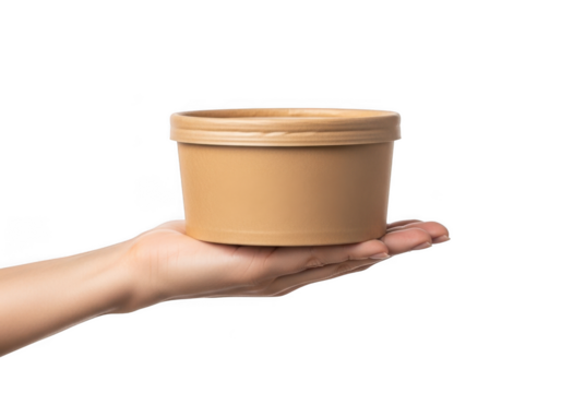 Kraft paper bowl container mockup held in hand takeout food packaging disposable biodegradable 16oz isolated on transparent background