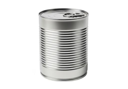 Shiny silver metal food can close-up detailed product shot for culinary projects and design resources isolated on transparent background