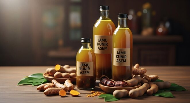 Bottles of jamu kunir asem on wooden table.