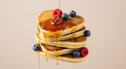 Stack of Fluffy Pancakes with Honey Syrup and Fresh Berries on Plain Background